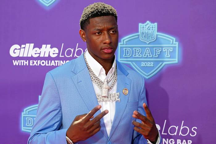 Apr 28, 2022; Las Vegas, NV, USA; Cincinnati cornerback Ahmad Sauce Gardner on the red carpet at the Fountains of Bellagio before the first round of the 2022 NFL Draft. Mandatory Credit: Kirby Lee-USA TODAY Sports